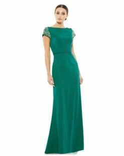 Beaded Cap Sleeve Bateau Column Dress