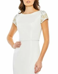 Beaded Cap Sleeve Bateau Column Dress 13 Beaded Cap Sleeve Bateau Column Dress -Women's Skirt 55718 White CL