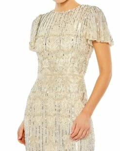 Embellished Flutter Sleeve High Neck Dress -Women's Skirt 5575 NudeSilver CL