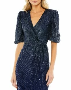 Sequined V-Neck Short Puff Sleeve Midi Dress -Women's Skirt 5578 Midnight CL