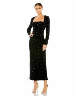 Allover Rhinestone Long Sleeve Dress