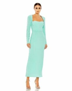 Allover Rhinestone Long Sleeve Dress -Women's Skirt 55792 Mint AB