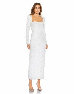 Allover Rhinestone Long Sleeve Dress -Women's Skirt 55792 White AB