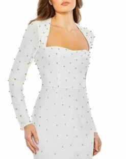 Allover Rhinestone Long Sleeve Dress -Women's Skirt 55792 White CL