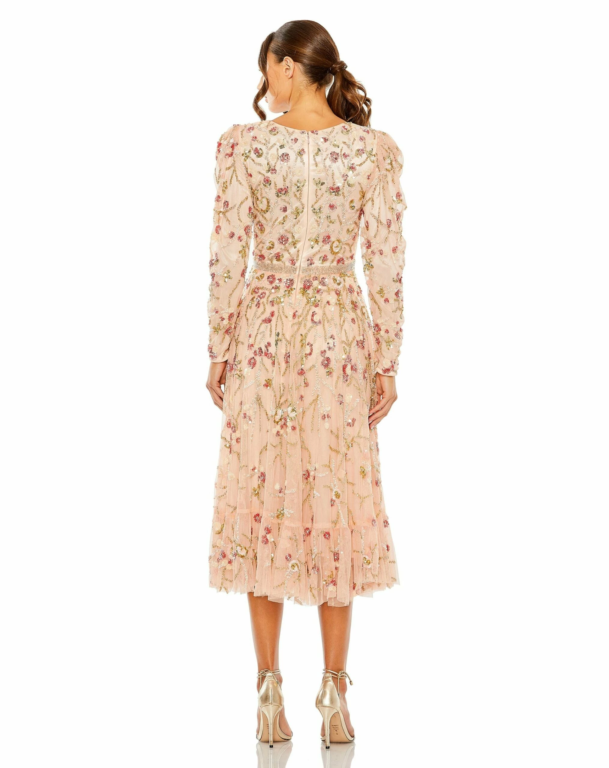 Floral Embellished Wrap Over Puff Sleeve A Line Gown 4 Floral Embellished Wrap Over Puff Sleeve A Line Gown - Image 2