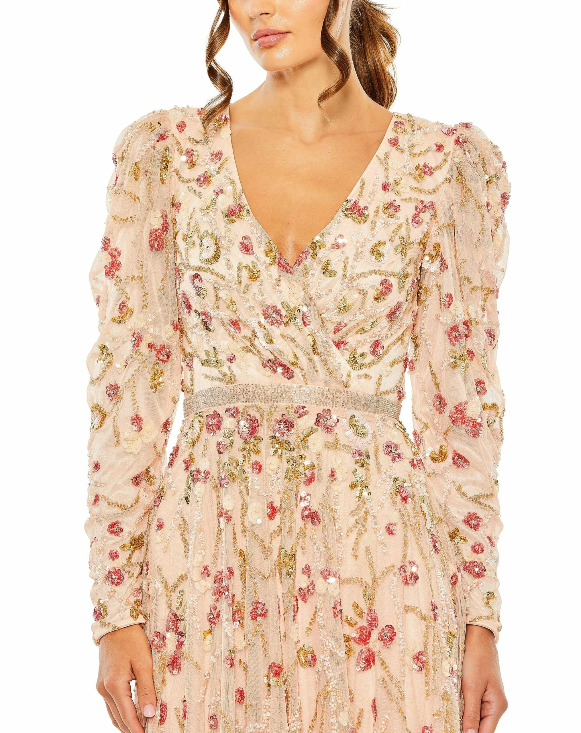 Floral Embellished Wrap Over Puff Sleeve A Line Gown 5 Floral Embellished Wrap Over Puff Sleeve A Line Gown - Image 3