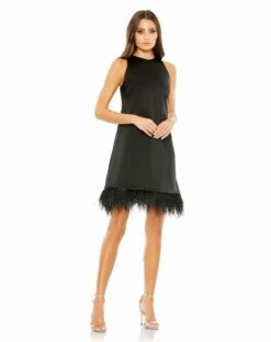 Feathered Hem High Neck Sleeveless A Line Dress -Women's Skirt 55805 Black AB