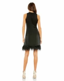Feathered Hem High Neck Sleeveless A Line Dress -Women's Skirt 55805 Black BK