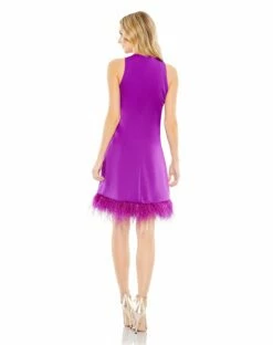 Feathered Hem High Neck Sleeveless A Line Dress -Women's Skirt 55805 Purple BK