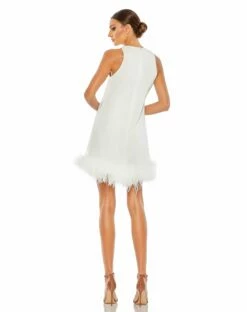 Feathered Hem High Neck Sleeveless A Line Dress -Women's Skirt 55805 White BK