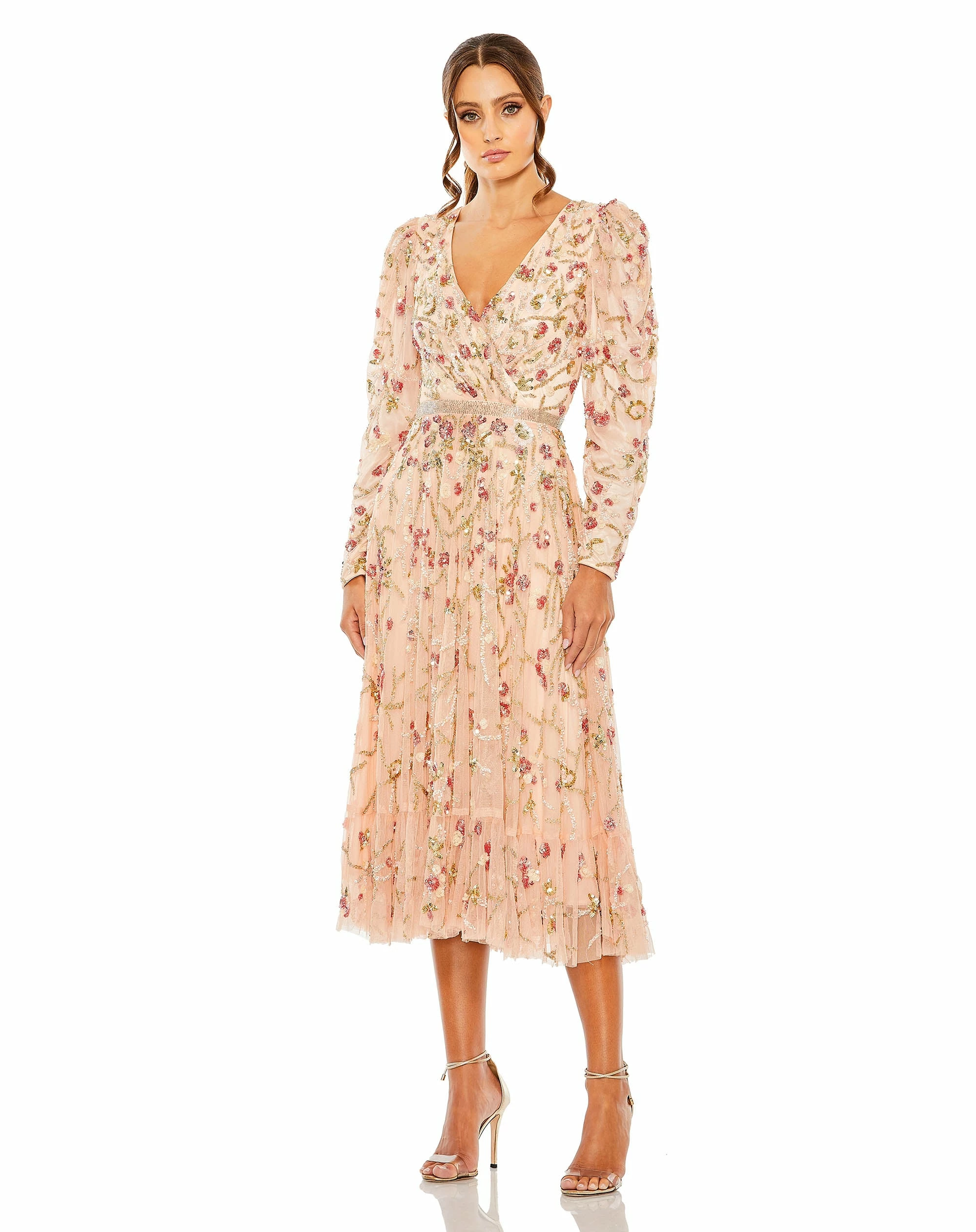 Floral Embellished Wrap Over Puff Sleeve A Line Gown 3 Floral Embellished Wrap Over Puff Sleeve A Line Gown
