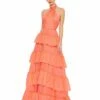 Ruffle Tiered Pleated Halter Neck A Line Gown -Women's Skirt 55819 Peach AB