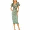Embellished Faux Wrap Flutter Sleeve Dress -Women's Skirt 5582 Sage AB