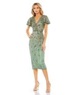 Embellished Faux Wrap Flutter Sleeve Dress