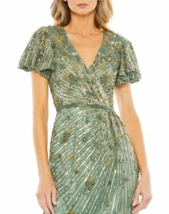 Embellished Faux Wrap Flutter Sleeve Dress -Women's Skirt 5582 Sage CL