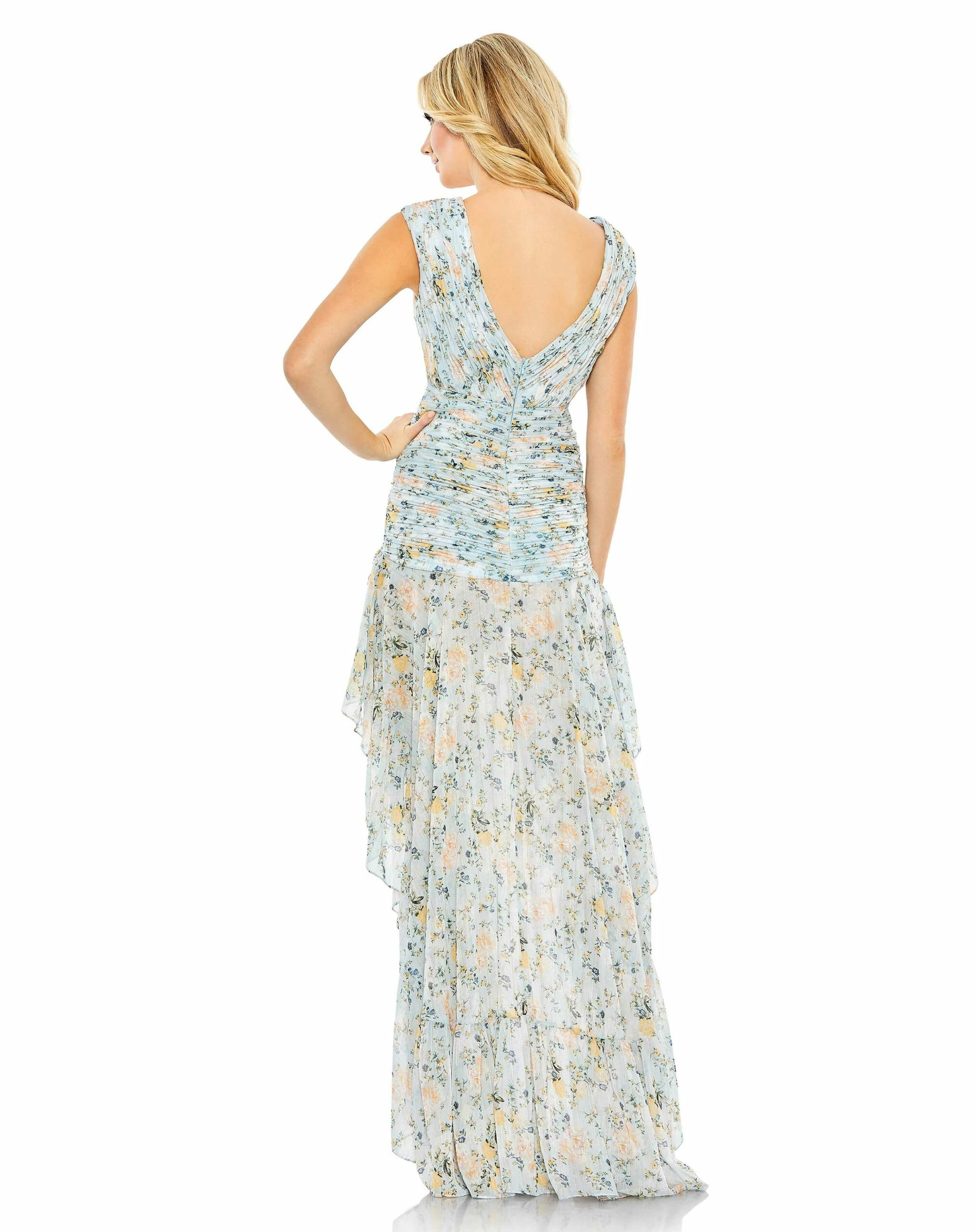 Floral Print Ruched Cap Sleeve High Low Gown 4 Floral Print Ruched Cap Sleeve High Low Gown - Image 2