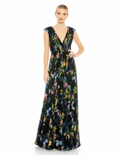Pleated Floral Cap Sleeve A Line Gown -Women's Skirt 55829 BlackMulti AB