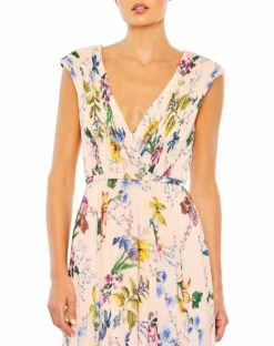 Pleated Floral Cap Sleeve A Line Gown -Women's Skirt 55829 PinkMulti CL