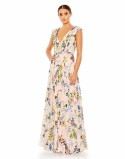 Pleated Floral Cap Sleeve A Line Gown