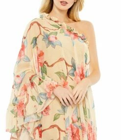 Floral Print One Shoulder Cape Dress 7 Floral Print One Shoulder Cape Dress -Women's Skirt 55830 NudeMulti CL