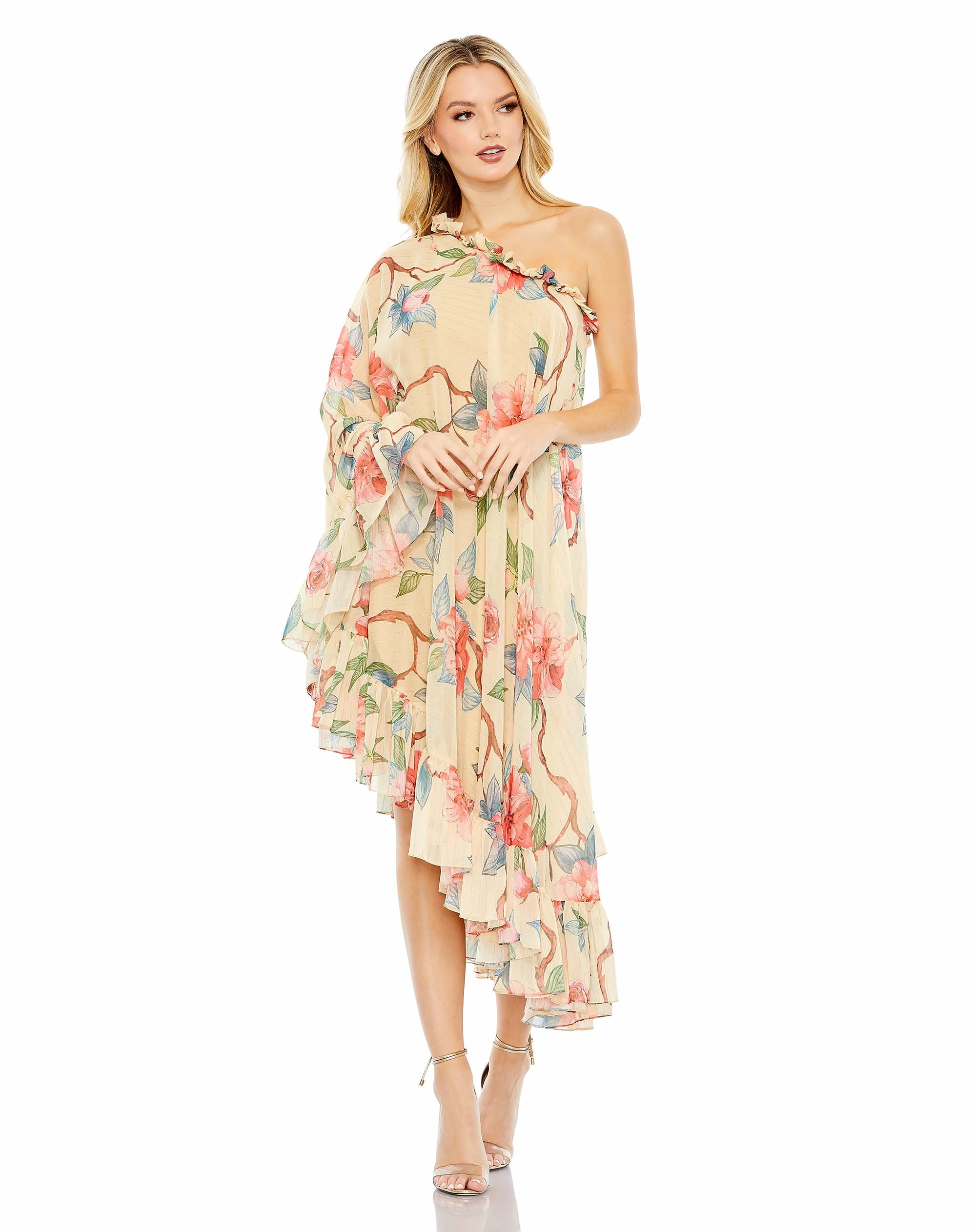 Floral Print One Shoulder Cape Dress 3 Floral Print One Shoulder Cape Dress