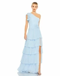 Ruffle Tiered One Flutter Sleeve Gown