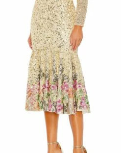 Long Sleeve Faux Wrap Embellished Tea Length Dress -Women's Skirt 5589 GoldMulti CL2