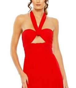 Ruched Halter Strap Keyhole Chiffon Gown -Women's Skirt 55898 Red CL