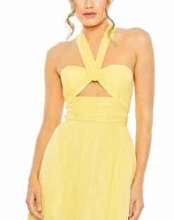 Ruched Halter Strap Keyhole Chiffon Gown -Women's Skirt 55898 Sunshine CL