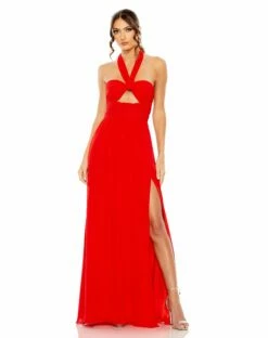 Ruched Halter Strap Keyhole Chiffon Gown -Women's Skirt 55898 RED Default 1 WS