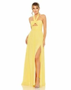 Ruched Halter Strap Keyhole Chiffon Gown