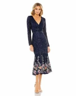 Long Sleeve Faux Wrap Embellished Tea Length Dress -Women's Skirt 5589 MID Default 1 WS