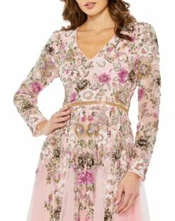 Hand Embellished Floral V Neck Long Sleeve Dress -Women's Skirt 5594 Rose CL