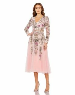 Hand Embellished Floral V Neck Long Sleeve Dress