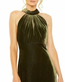 Halter Tie Front Slit Velvet Column Gown -Women's Skirt 55954 Olive CL