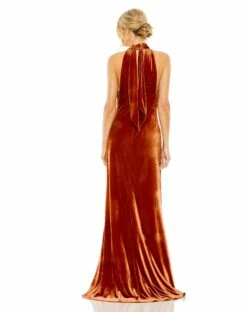 Halter Tie Front Slit Velvet Column Gown -Women's Skirt 55954 Spice BK