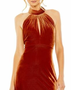 Halter Tie Front Slit Velvet Column Gown -Women's Skirt 55954 Spice CL
