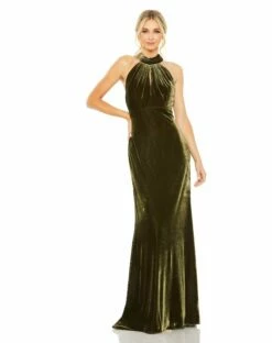 Halter Tie Front Slit Velvet Column Gown