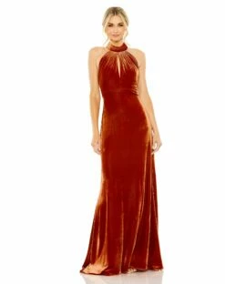 Halter Tie Front Slit Velvet Column Gown -Women's Skirt 55954 SPC Default 1 WS