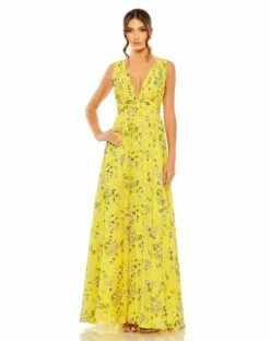 Floral Print V-Neck Ruched Gown
