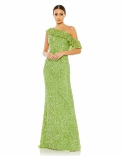 Sequined Drop Shoulder Trumpet Gown