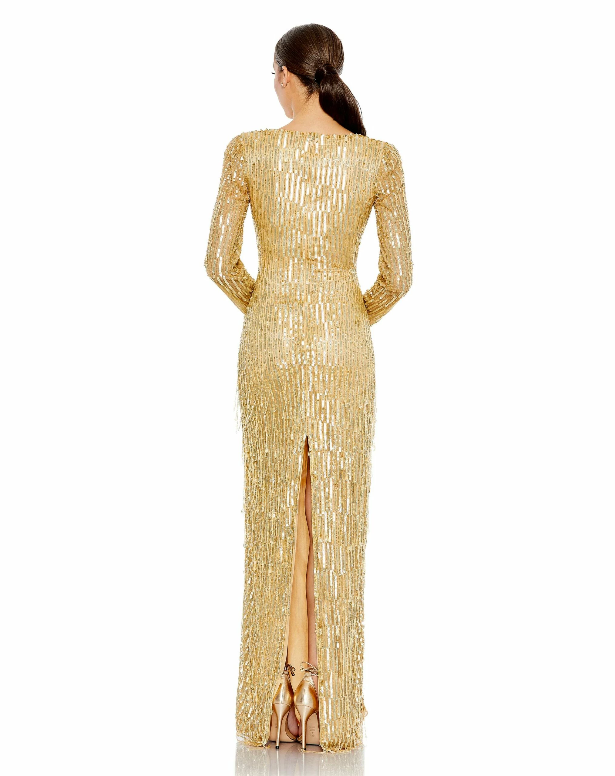 Sequined Long Sleeve V Neck Beaded Fringe Gown 4 Sequined Long Sleeve V Neck Beaded Fringe Gown - Image 2