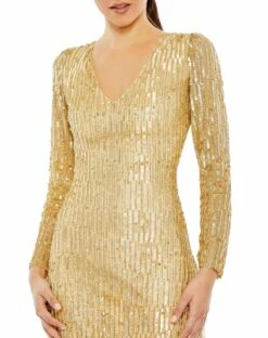 Sequined Long Sleeve V Neck Beaded Fringe Gown 7 Sequined Long Sleeve V Neck Beaded Fringe Gown -Women's Skirt 5612 GOL 3 WS