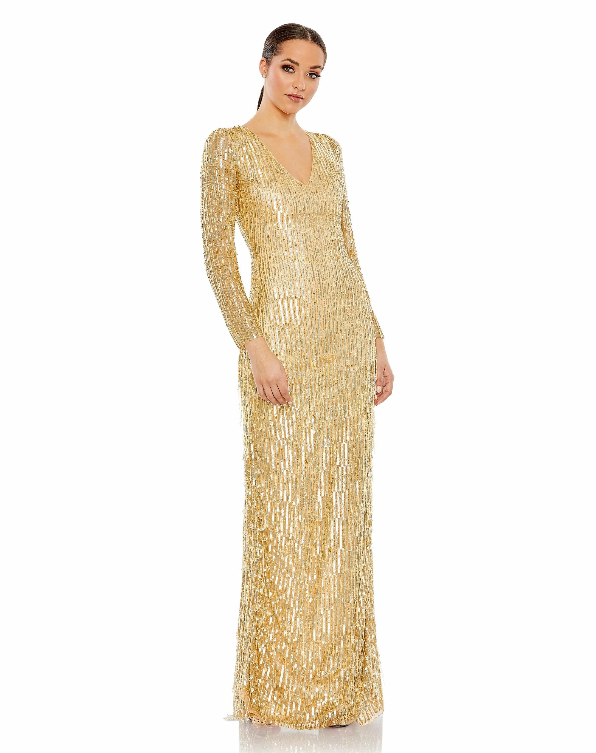 Sequined Long Sleeve V Neck Beaded Fringe Gown 3 Sequined Long Sleeve V Neck Beaded Fringe Gown