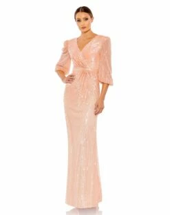 Sequined Faux Wrap Puff Sleeve Gown