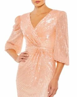 Sequined Faux Wrap Puff Sleeve Gown -Women's Skirt 5614 Peach CL