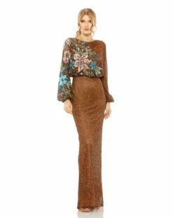 Embellished Multi Color Floral High Neck Gown 21 Embellished Multi Color Floral High Neck Gown -Women's Skirt 5615 Mocha AB