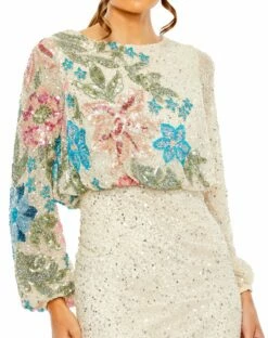 Embellished Multi Color Floral High Neck Gown 20 Embellished Multi Color Floral High Neck Gown -Women's Skirt 5615 NudeMulti CL