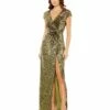 Sequined Faux Wrap Cap Sleeve Gown