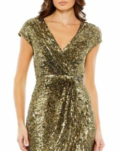 Sequined Faux Wrap Cap Sleeve Gown -Women's Skirt 5623 Olive CL